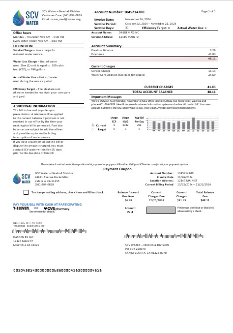 USA California Santa Clarita SCV Water business utility bill template in Word and PDF formats